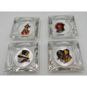 Vintage Glass Painted Ashtrays Pirate, Magician, Dancers, And Portrait Lot of 4